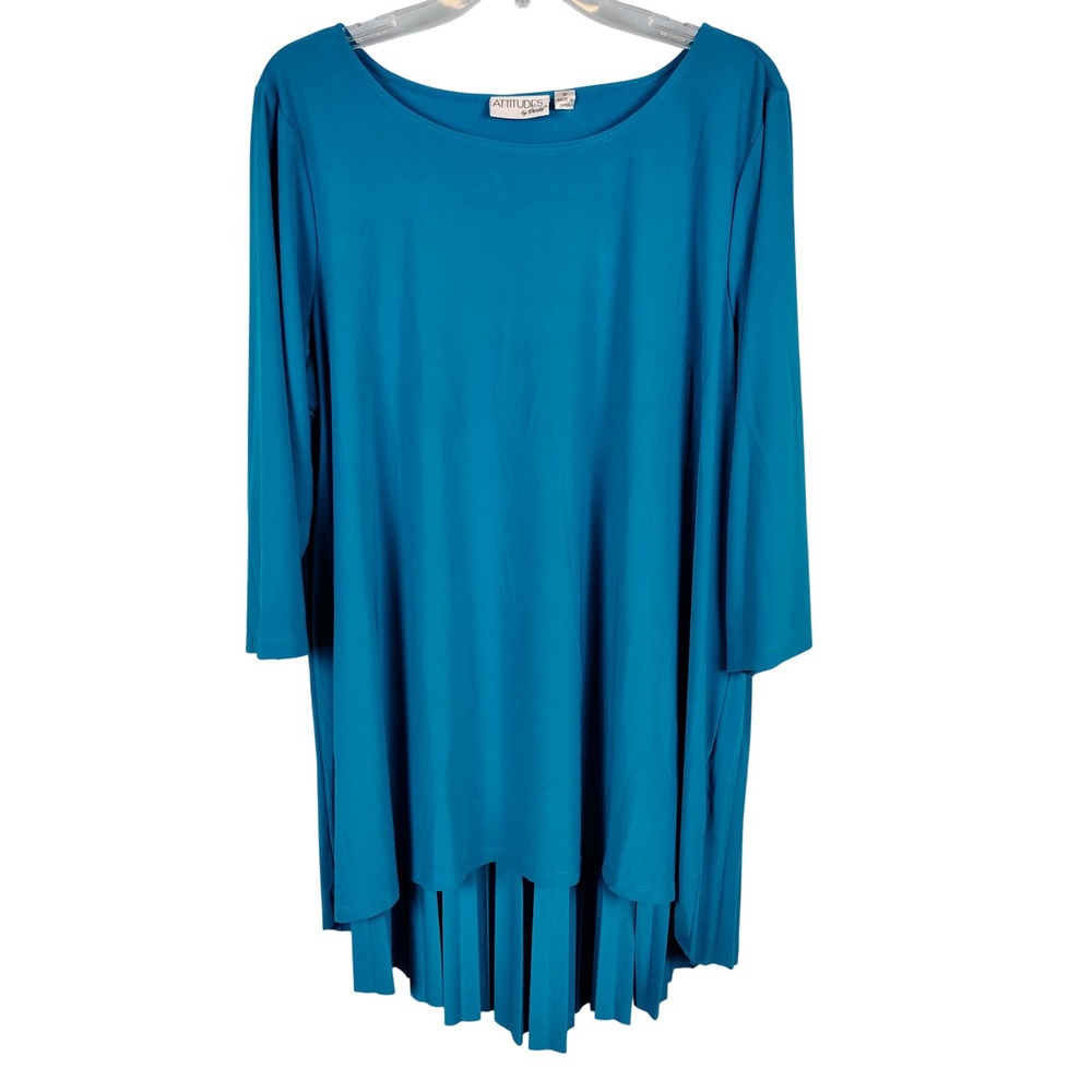 Attitudes by Renee Womens 1X Pleated Back High Low Tunic Teal Blue Solid Career